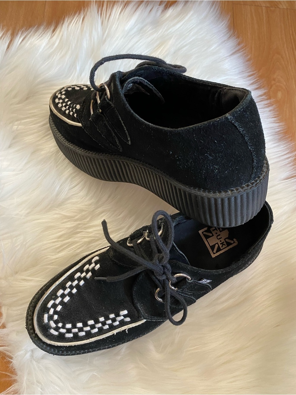 tuk two tone Black Suede viva mondo creepers platform with White Stitching